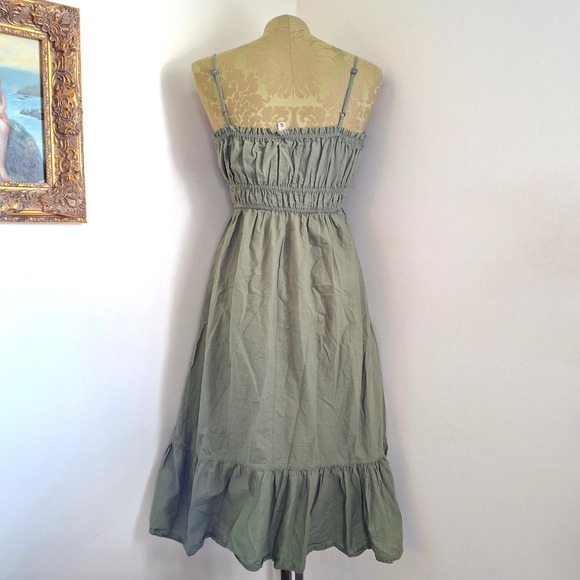 Dizzy Lizzy Olive Green Cotton Smocked Midi Dress Womens Medium Ruffle Hem Boho - Picture 4 of 7